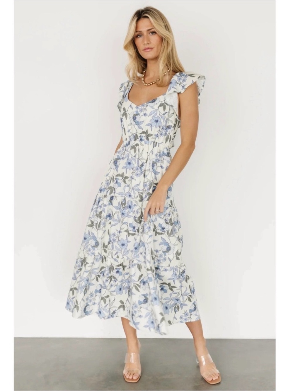 Baltic Born Sorrento Linen Blend Tiered Midi Dress Cream/Blue XL